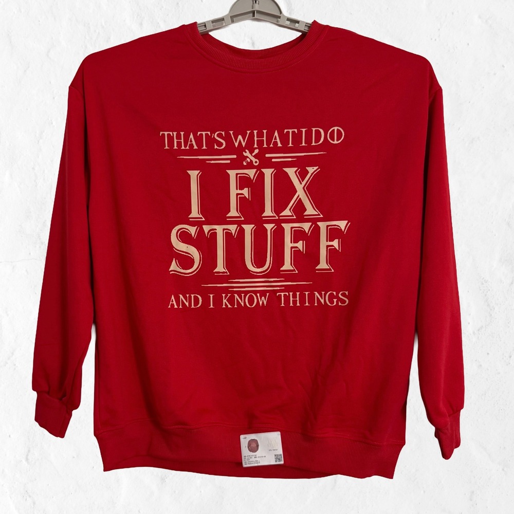I Fix Stuff Sweatshirt Mens Large Red Excellent Graphic Relaxed Pullover Humor